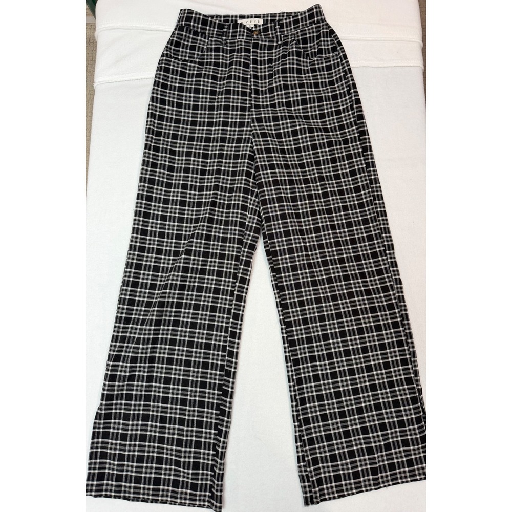 Hyfve Womens Black White Plaid Wide Leg Trousers High Rise Size S HF22H026-SET